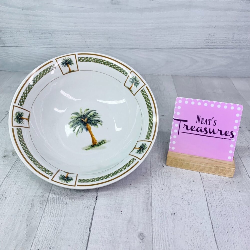 Gibson Designs BAHAMA  Palm Tree Motif Green Zig-Zag Bands Rim 9" Serving Bowl